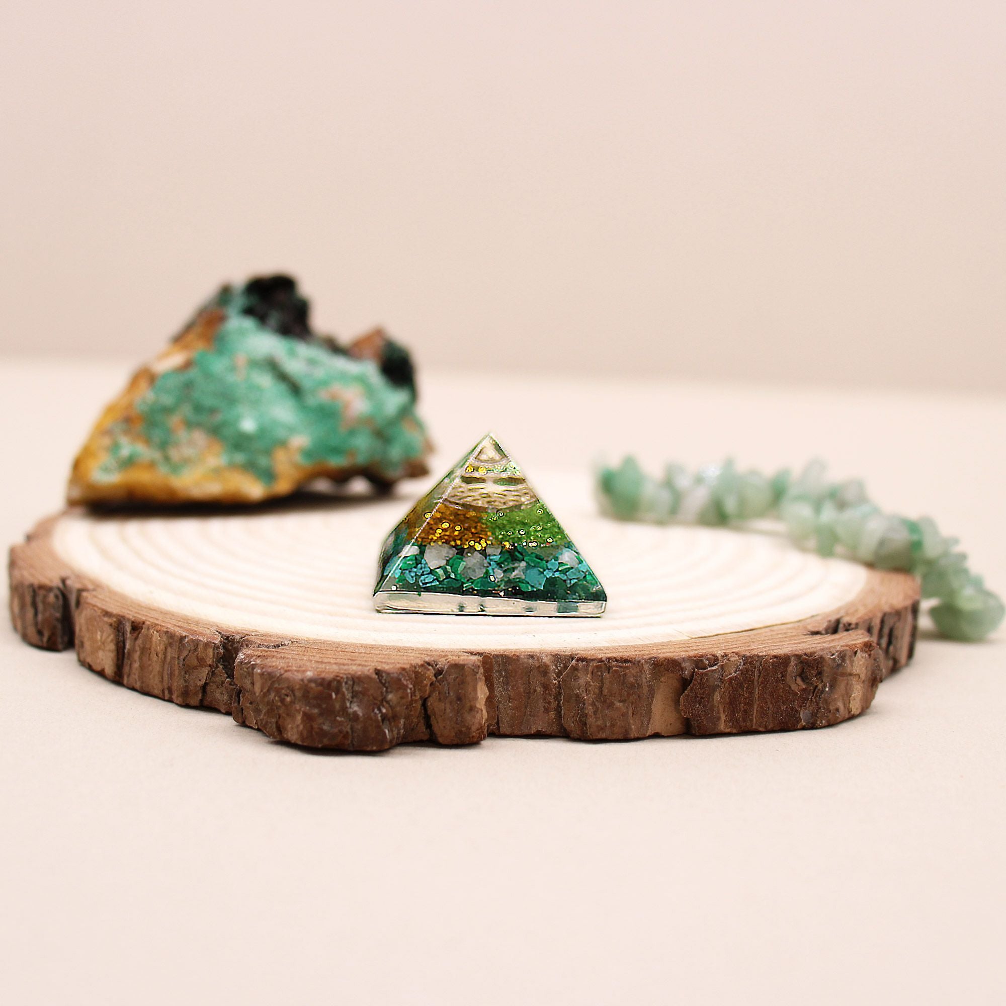 Small Orgonite Pyramid 25mm Gemchips and Copper (assorted colours/designs)