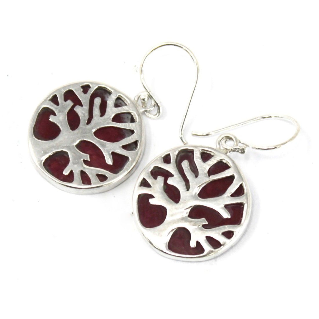 Tree of Life Silver Earrings 15mm with Coral Effect Design