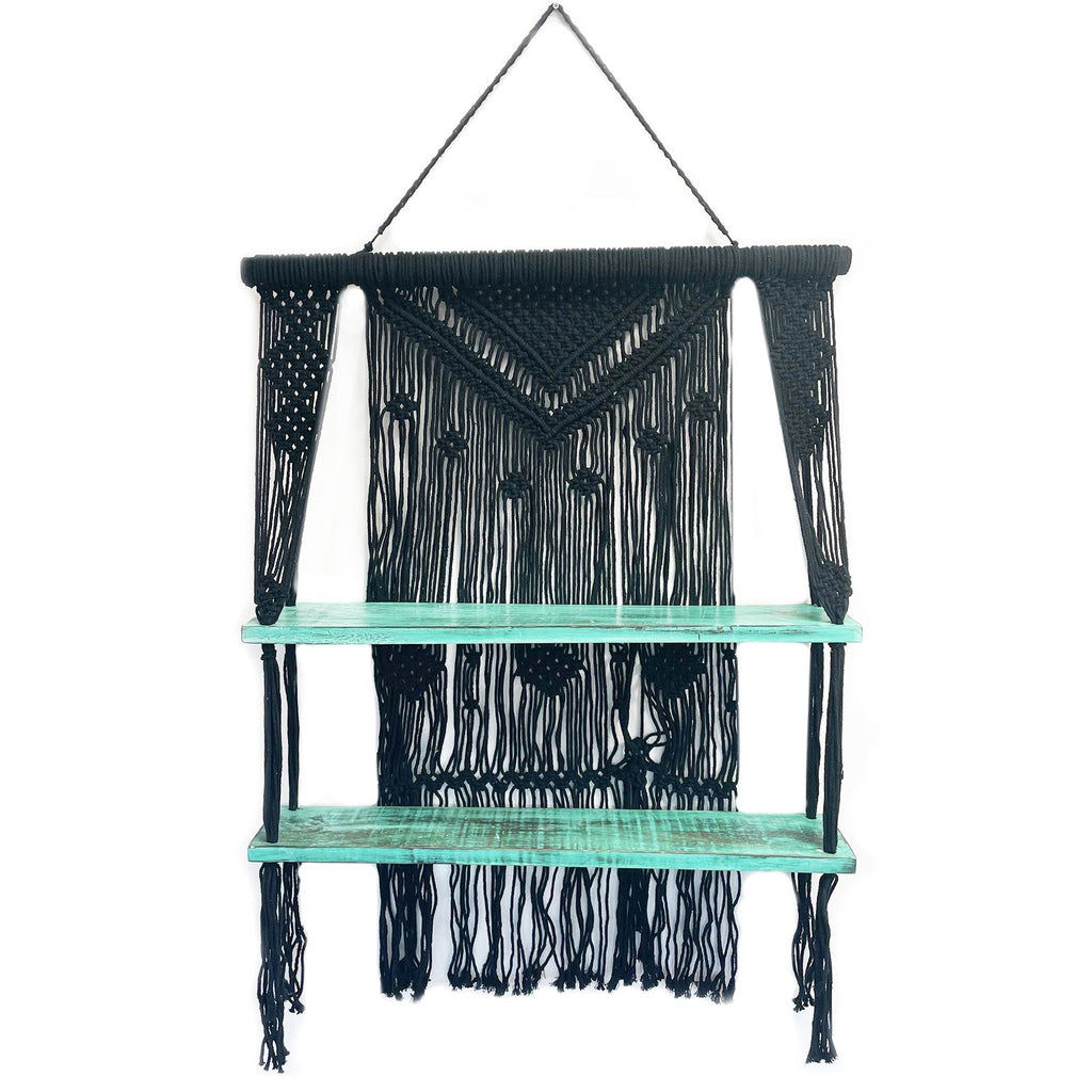 Black Macrame Hanging Shelves with Turquoise Accents for Decor