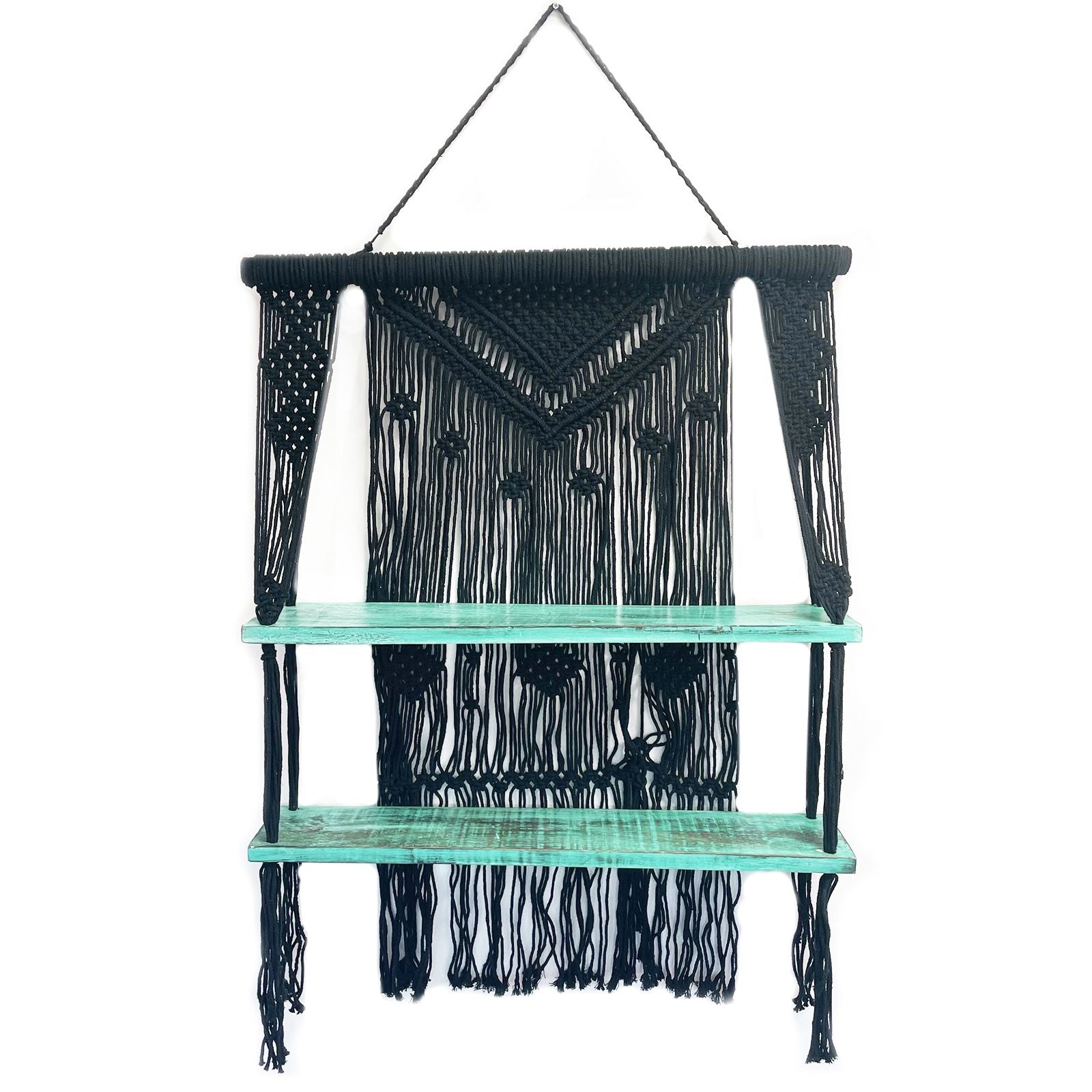 Black Macrame Hanging Shelves with Turquoise Accents for Decor