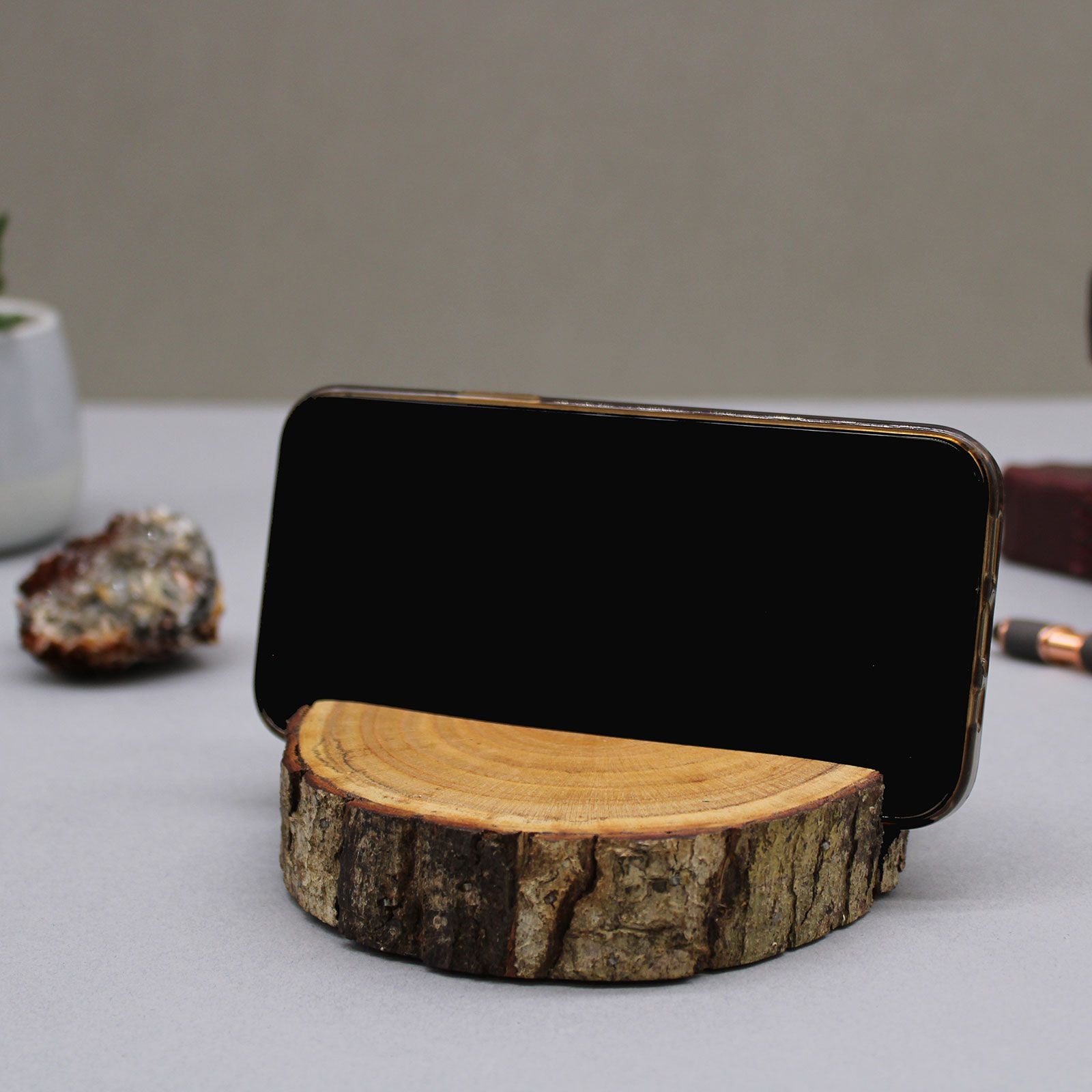 Natural Small Log Phone Holder for Hands Free Use in Modern Style