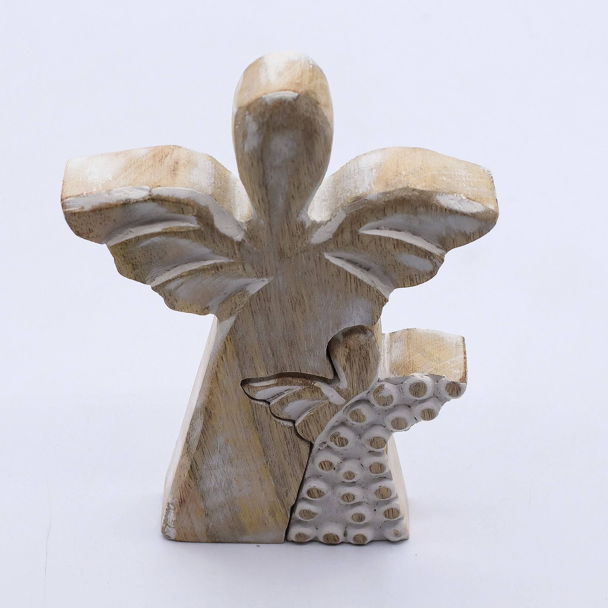Mango Wood Angel Figurine in Whitewash Finish for Home Decor