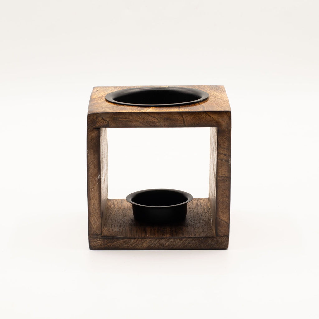 Square Mango Wood Oil Burner with Hamsa Symbol for Aromatherapy