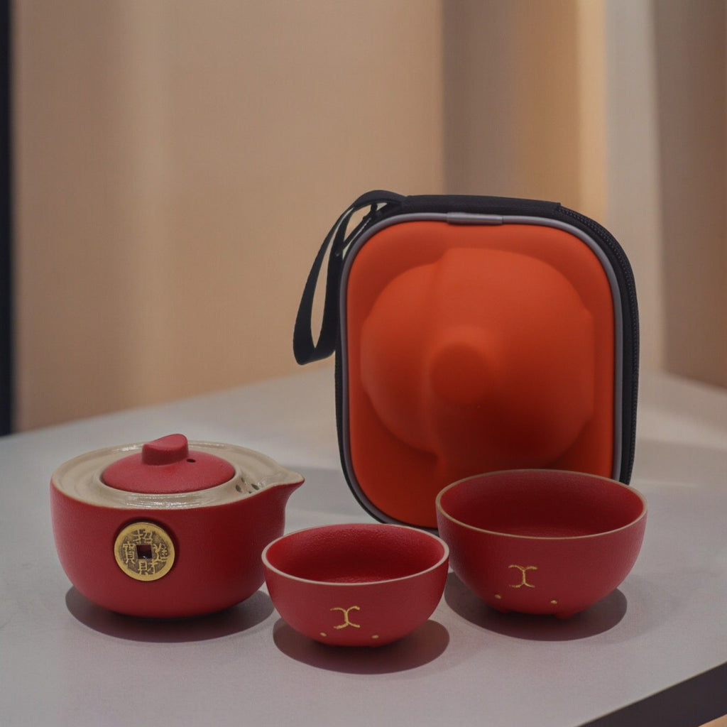 Money Cat Teapot Set with Two Cups and Travel Case in Red