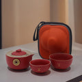 Money Cat Teapot Set with Two Cups and Travel Case in Red