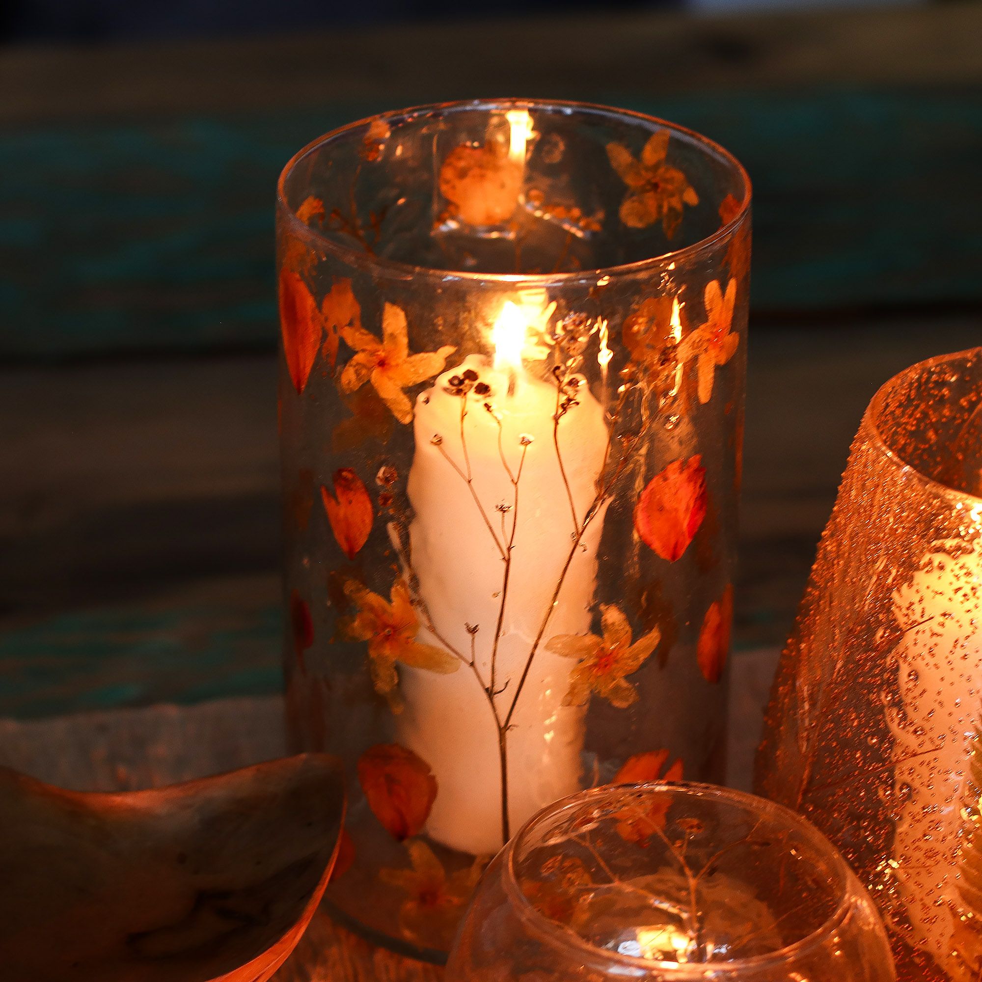 Natural Floral Glass Tall Vase Candle Holder with Dried Flowers