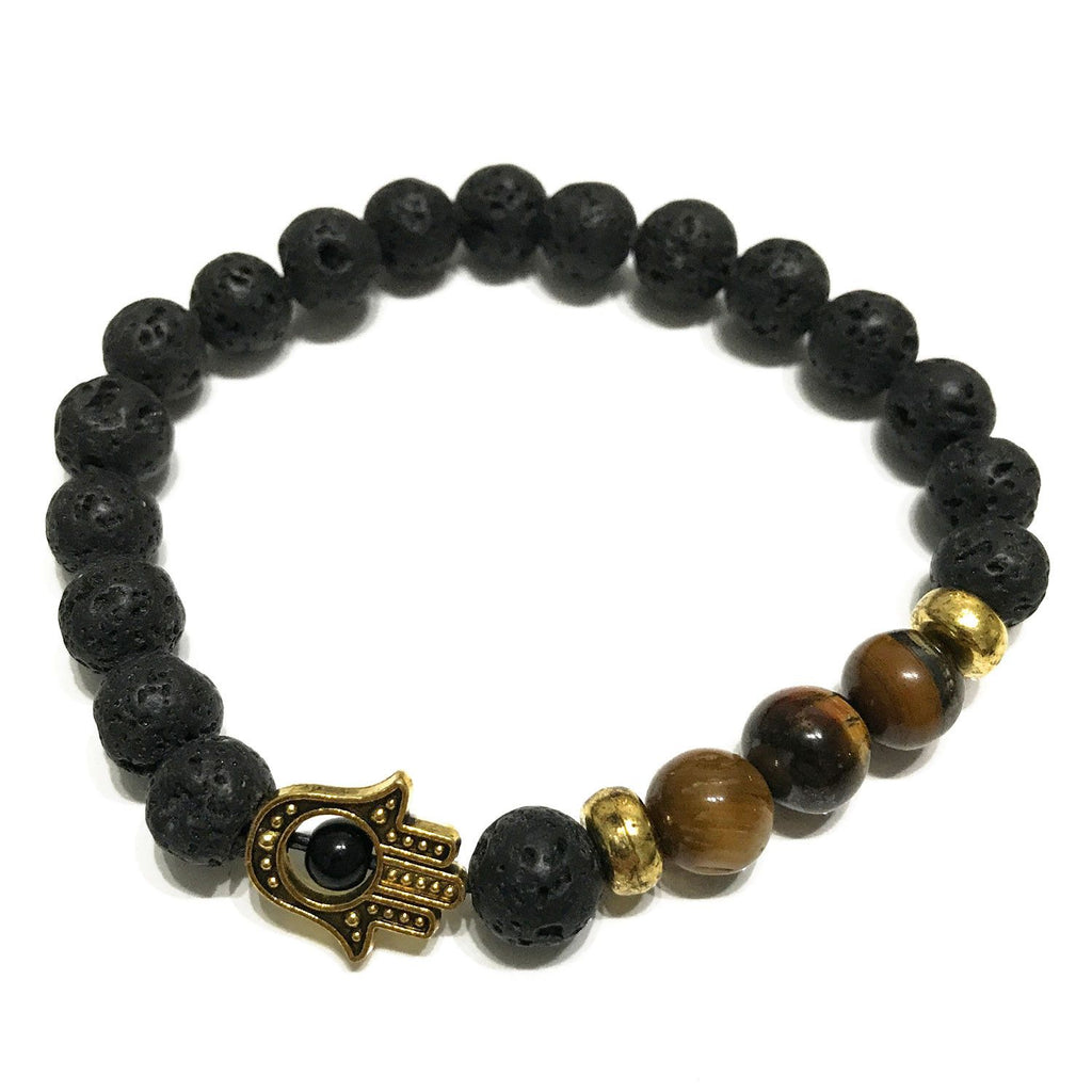 Lava Stone Bracelet with Hamsa and Tiger Eye for Aromatherapy