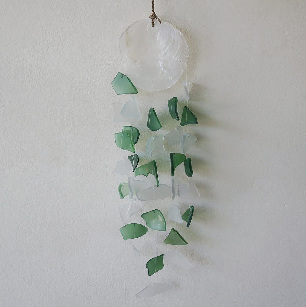 Recycled Glass Wind Chimes Copis & Glass Drop in Green & White
