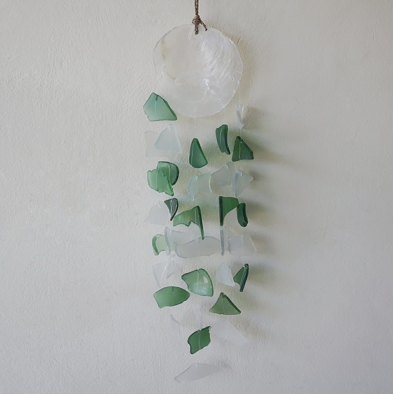 Recycled Glass Wind Chimes Copis & Glass Drop in Green & White