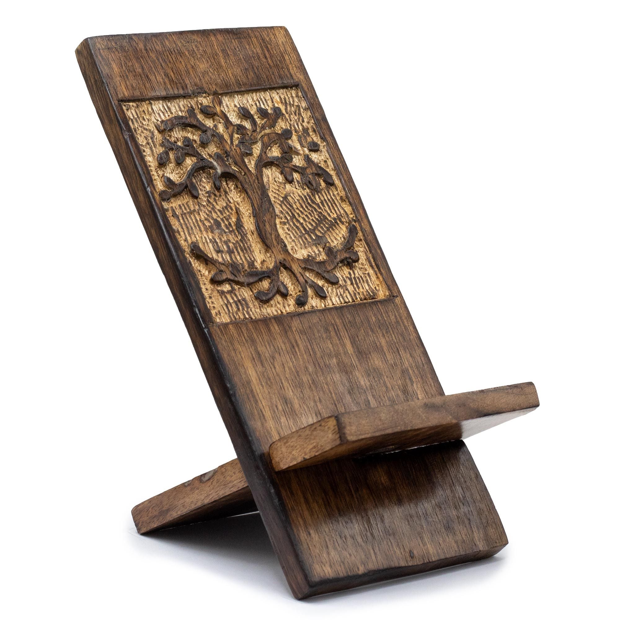 Wooden Carved Phone Stand with Tree of Life Design for All Devices