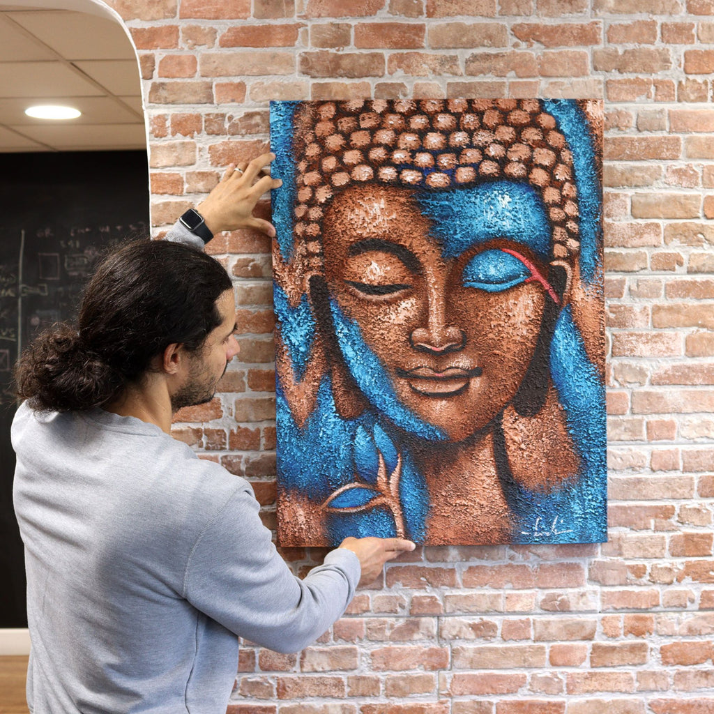 Buddha Painting Serene Silver and Rose Gold Flower Art 75x55cm