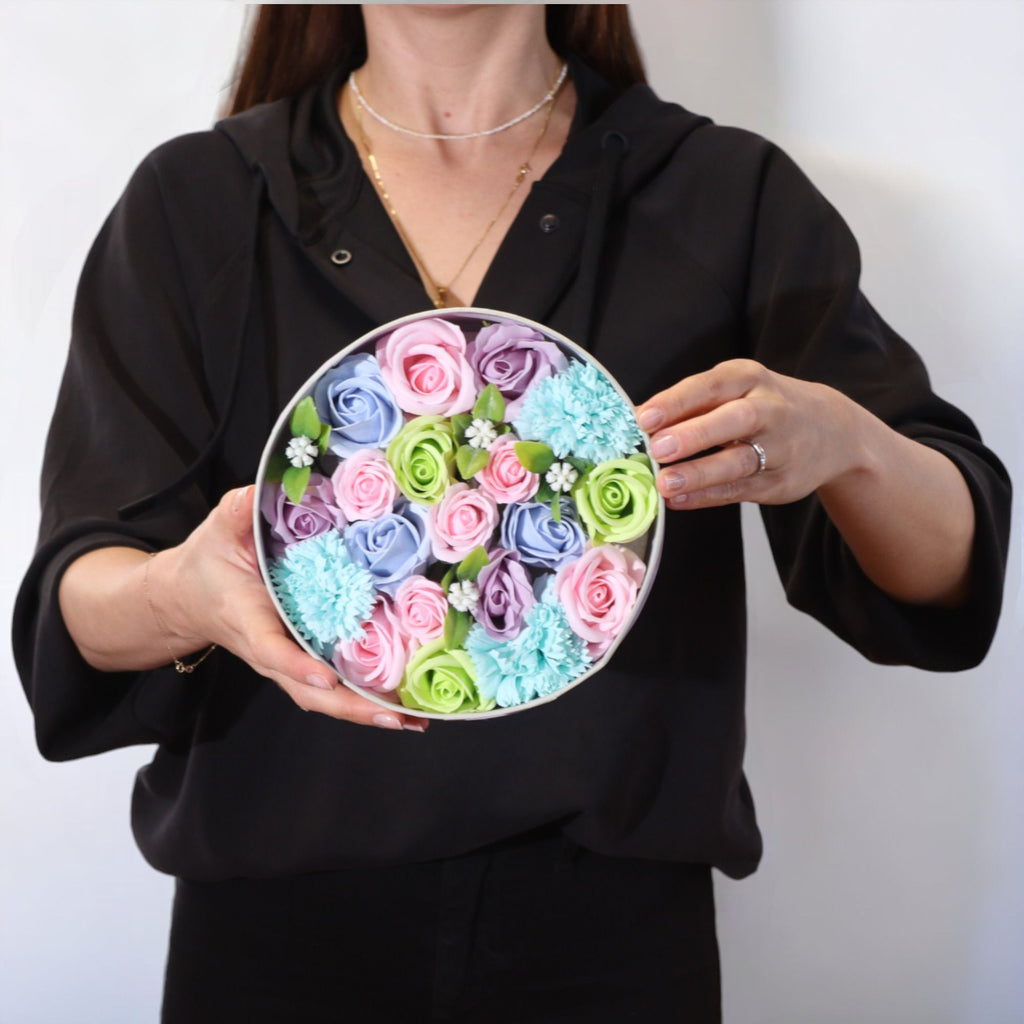 Round Box Baby Blessings Gift with Soap Flowers in Soothing Blues
