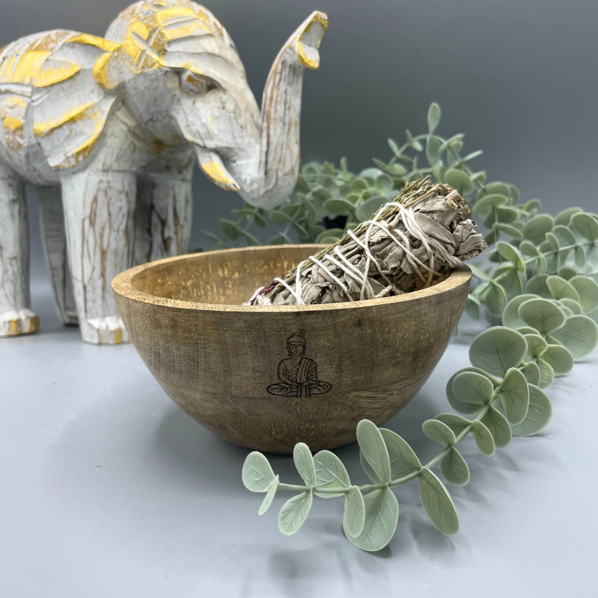 Wooden Smudge and Ritual Offerings Bowl with Buddha Design 13x7cm