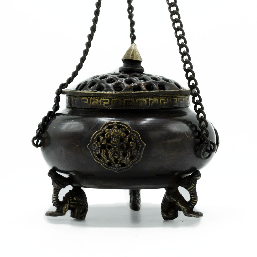 Large Brass Tibetan Burner with Four Celestial Symbols Design