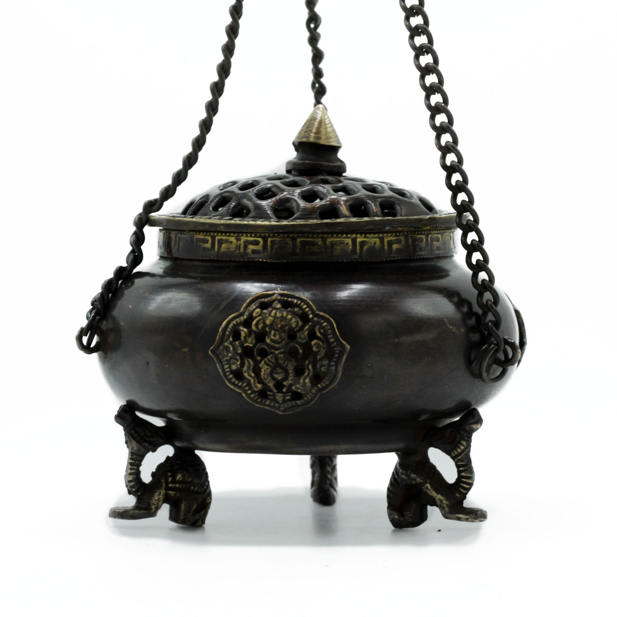 Large Brass Tibetan Burner with Four Celestial Symbols Design