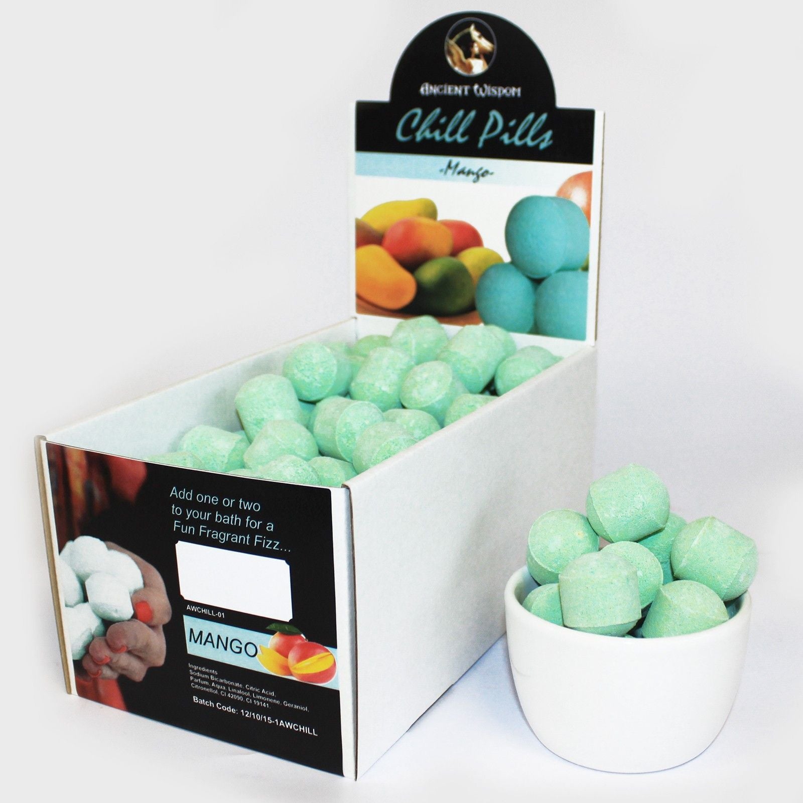 1.3Kg Box of Chill Pills Mini Bath Bombs with Tropical Mango Scent