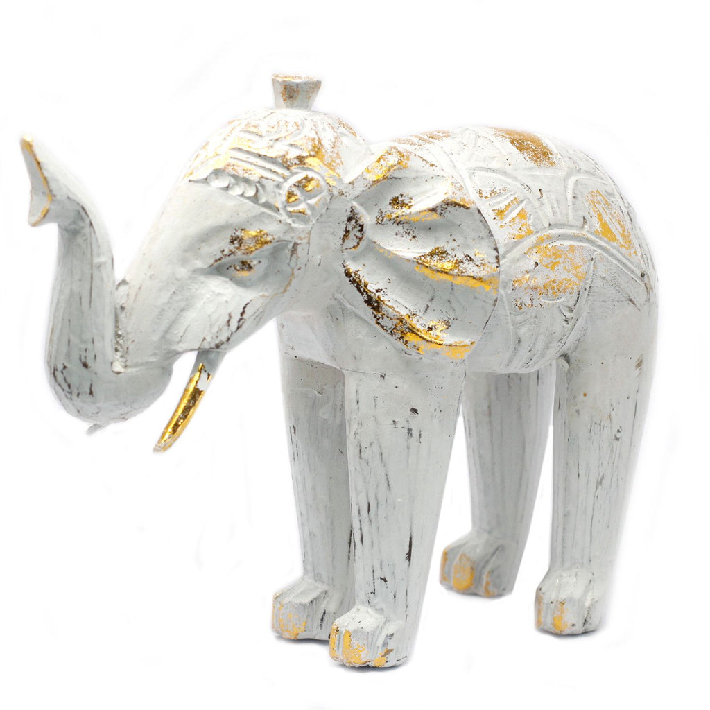 Wood Carved Elephant Decorative Figure in White Gold for Home Decor