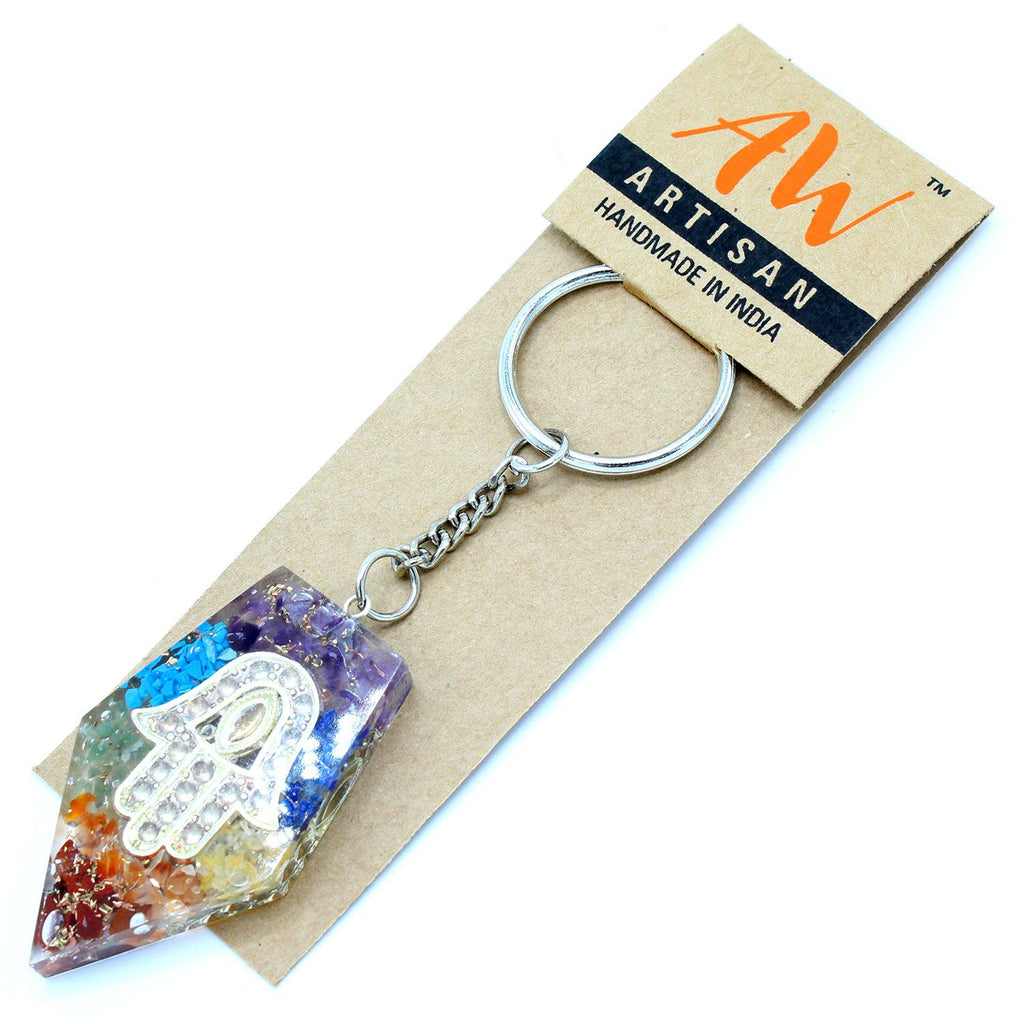 Orgonite Power Keyring with Gemstone Chakra Hamsa Design