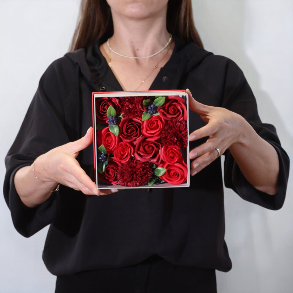 Square Box of Classic Red Roses Soap Flower Gift Set for Gifting