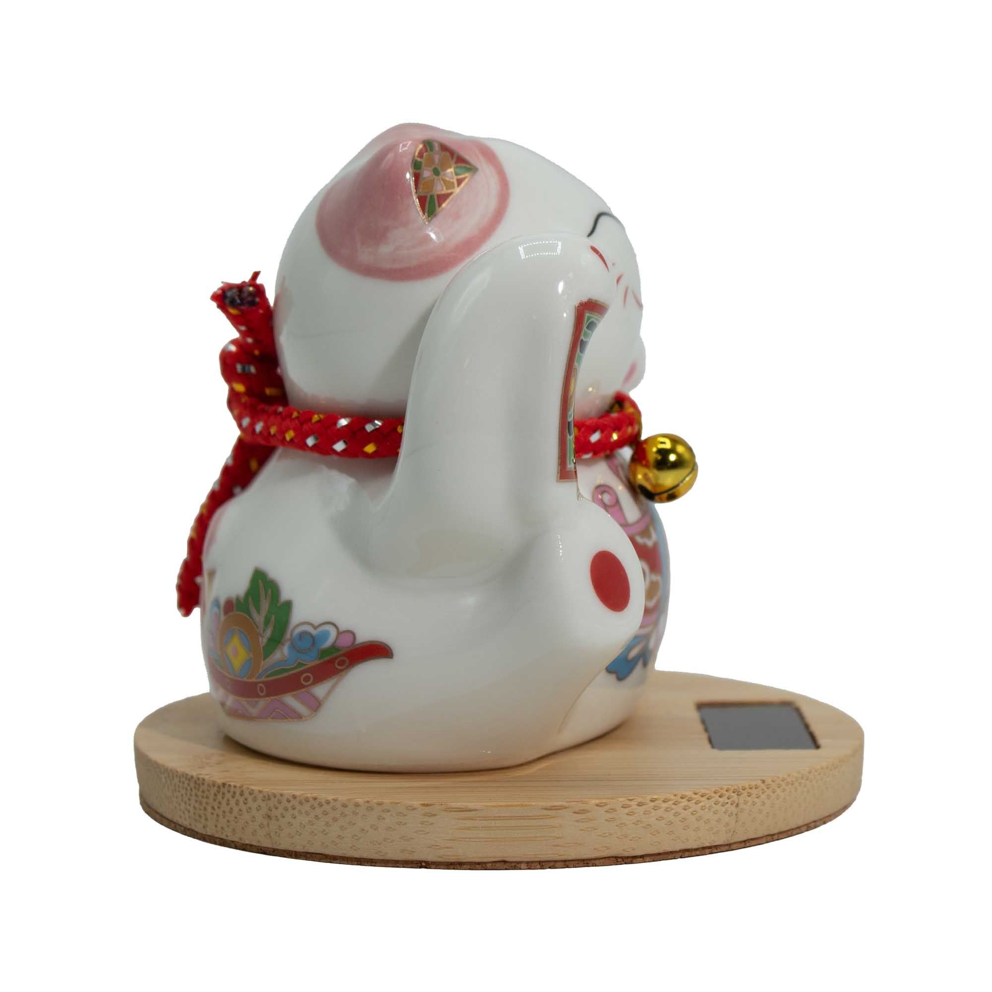 Charming Solar Money Cat with Moving Pink Hand and Wooden Base