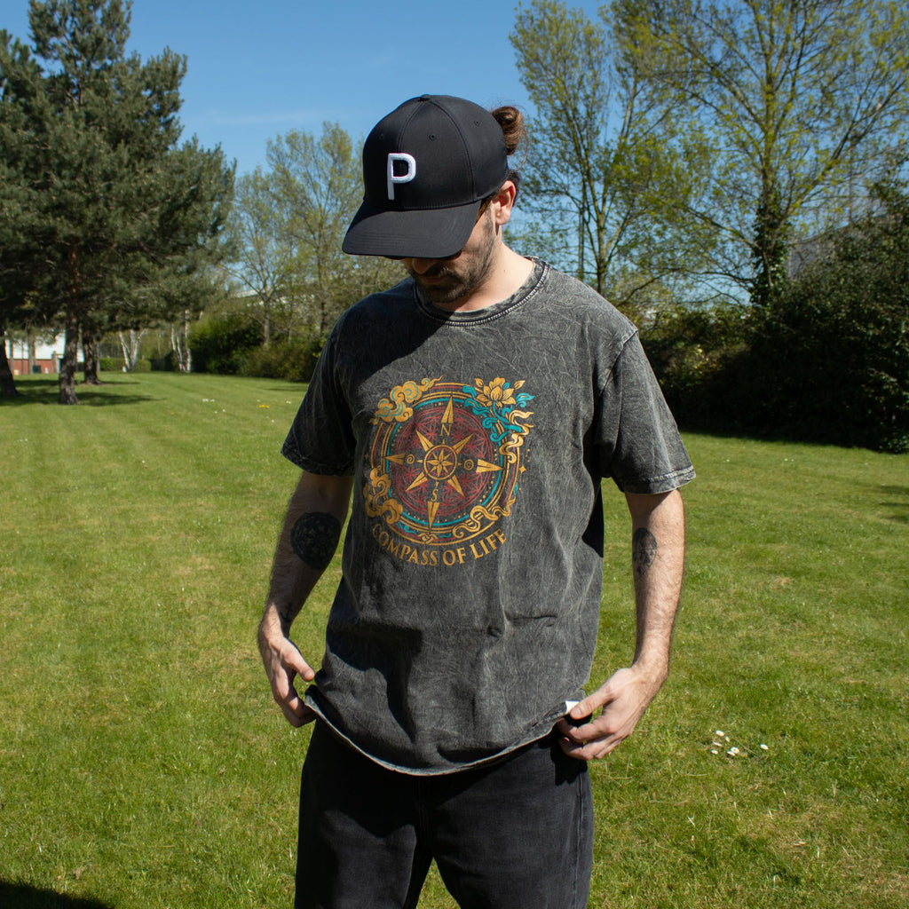 Nomad Sari Stonewashed Cotton T Shirt with Compass Design Charcoal