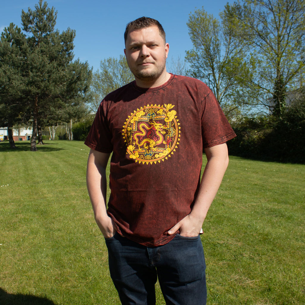 Nomad Sari Stonewashed Cotton T Shirt with Dragon Mandala Design
