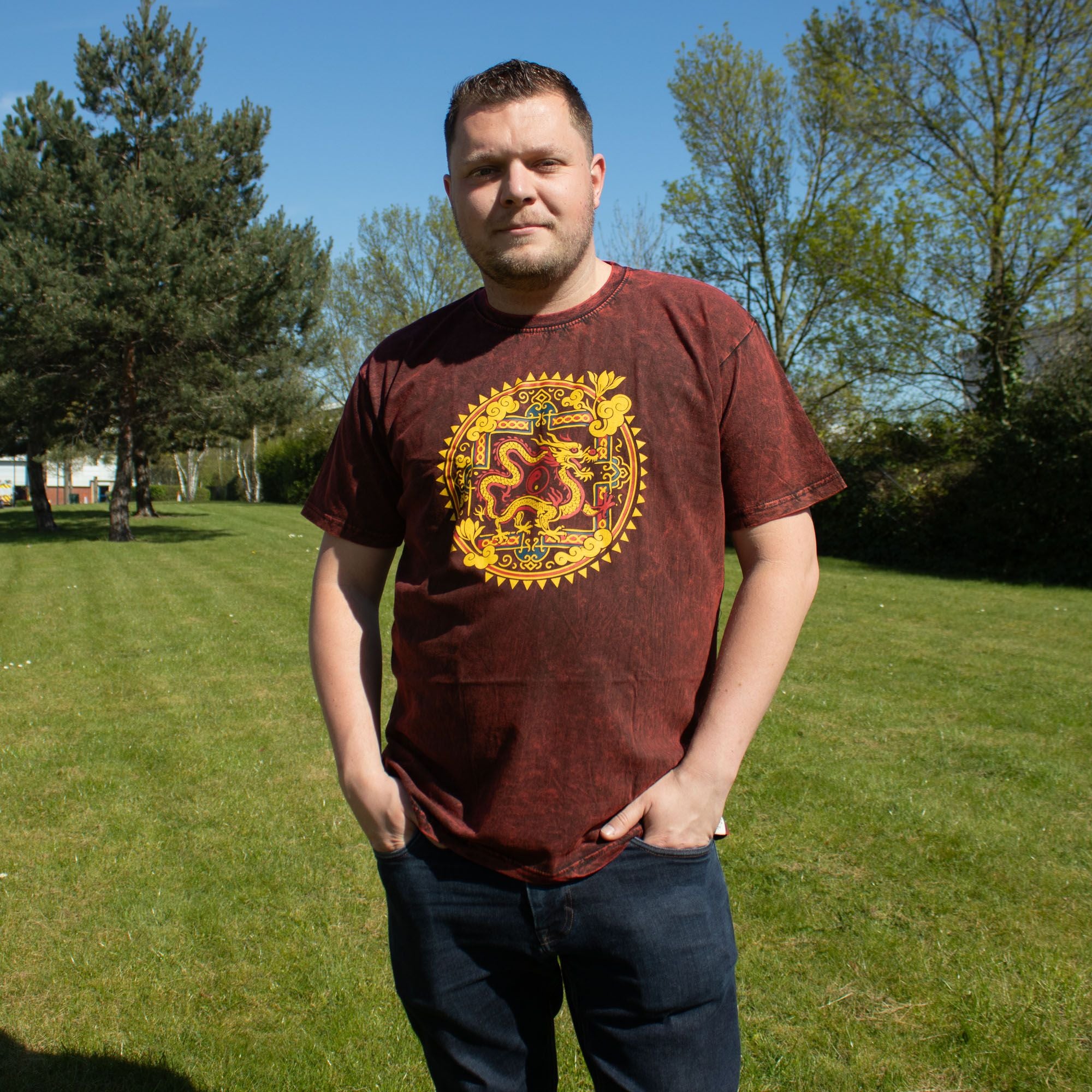 Nomad Sari Stonewashed Cotton T Shirt with Dragon Mandala Design