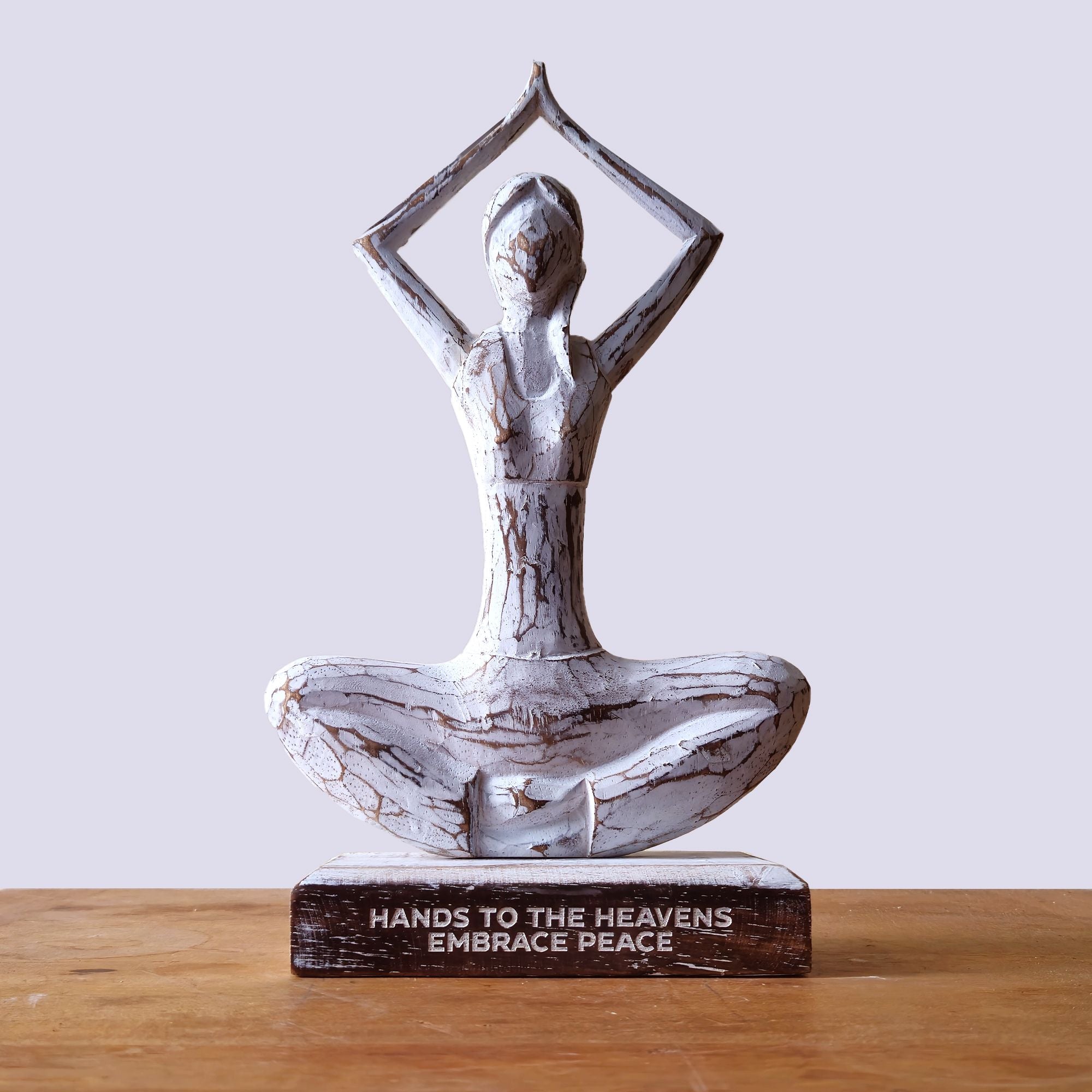 Wooden Yoga Lady in Whitewash Finish Hands Up Pose for Decor