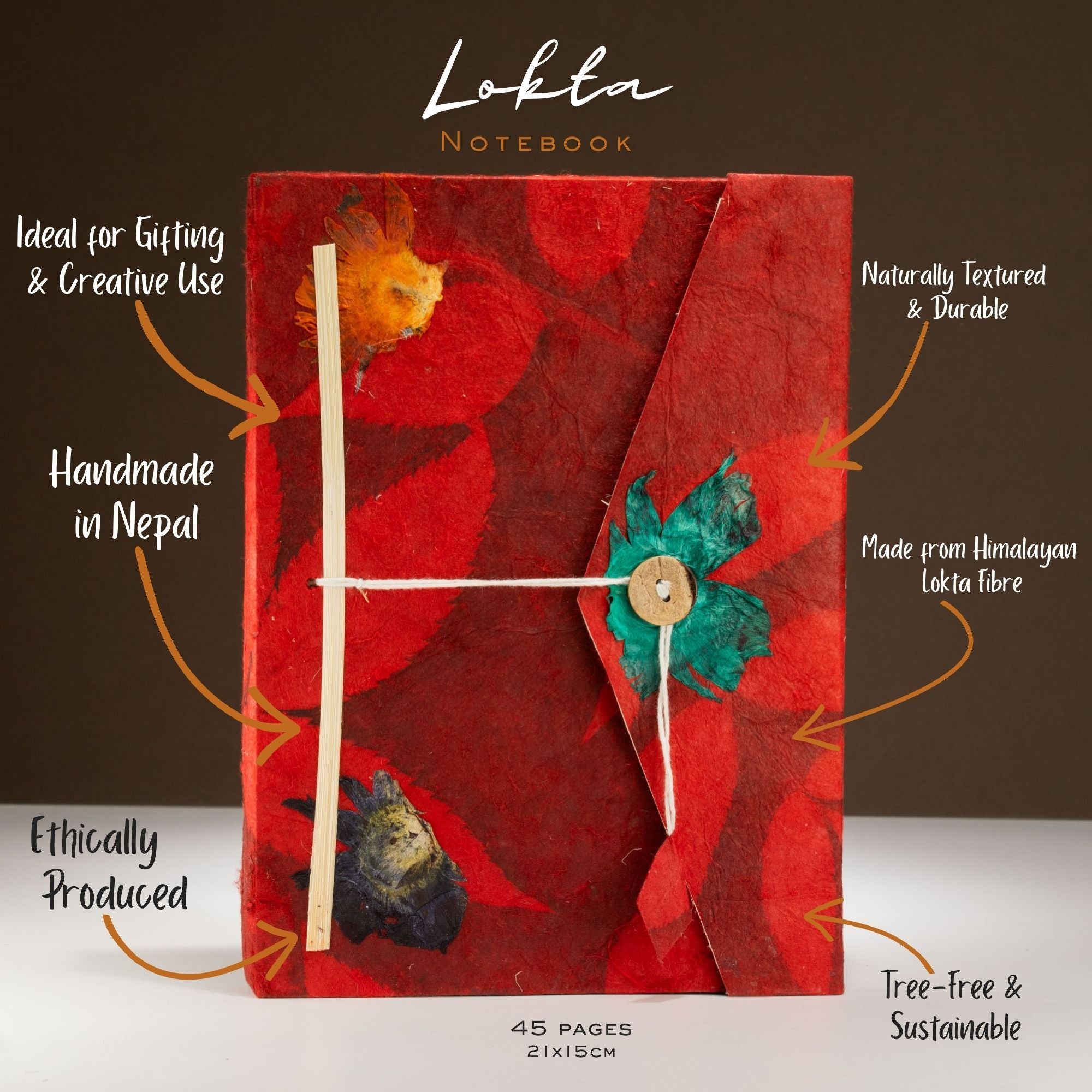 Lokta Large Bold Floral Notebook with Bookmark in Ruby Red