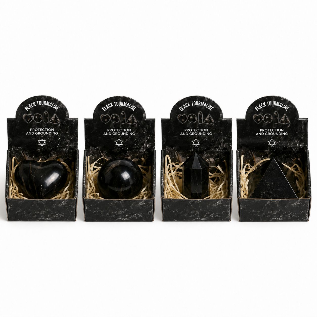 Four Gemstone Shapes Set Featuring Black Tourmaline for Décor
