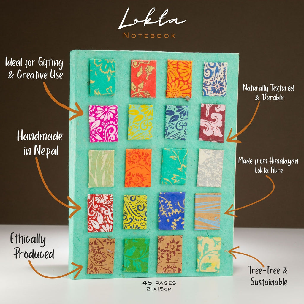 Lokta Mini Tiles Notebook Large with Bookmark in Teal Colour