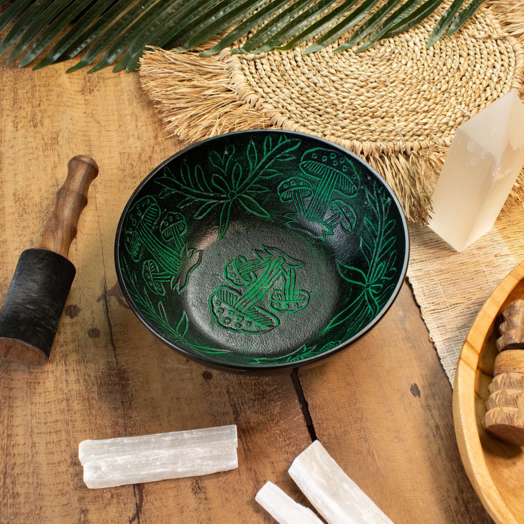 Green Aluminum Singing Bowl with Magic Mushroom Design 20cm