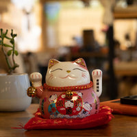 Japanese Lucky Cat Ceramic Waving Ornament on Cushion – Pink