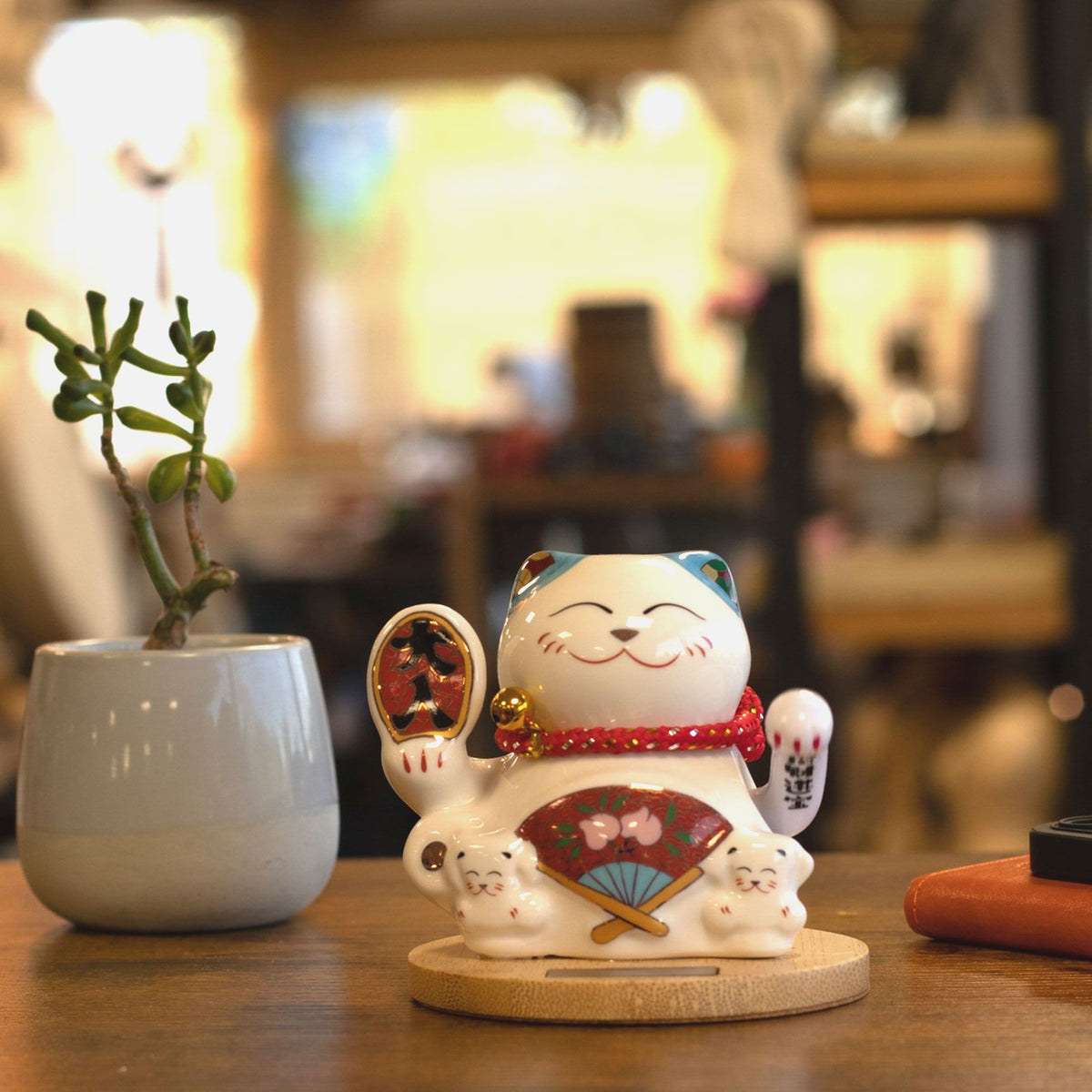 Solar Powered Japanese Lucky Cat on Wooden Base – Blue