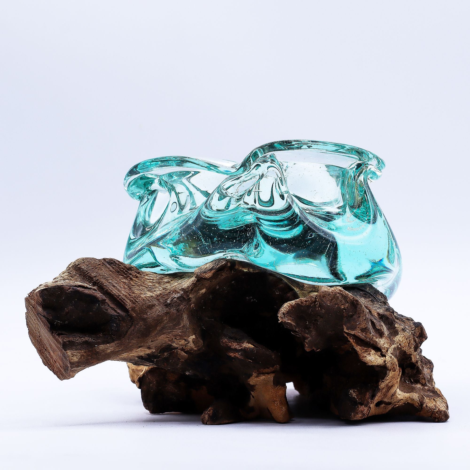 Molten Glass Chunky Ashtray and Candle Holder on Wood Base 23cm
