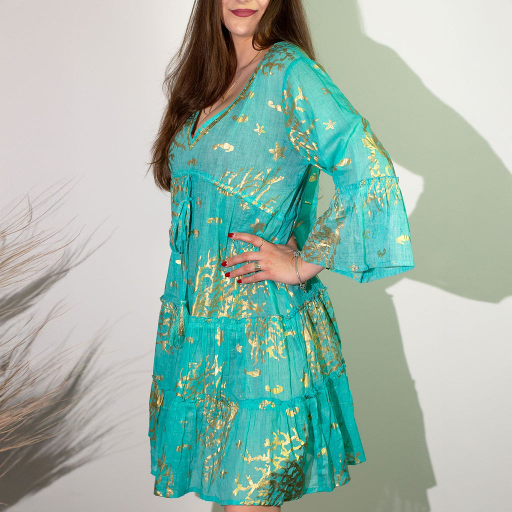 Nomad Sari Turquoise & Gold Coral Print Dress for Summer Wear