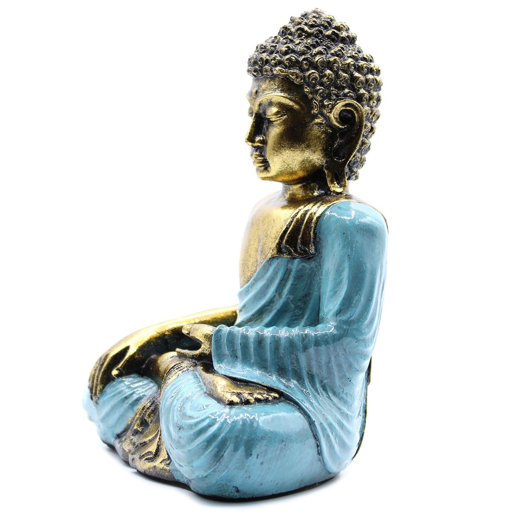 Large Teal and Gold Buddha Statue with Hand Painted Design Art