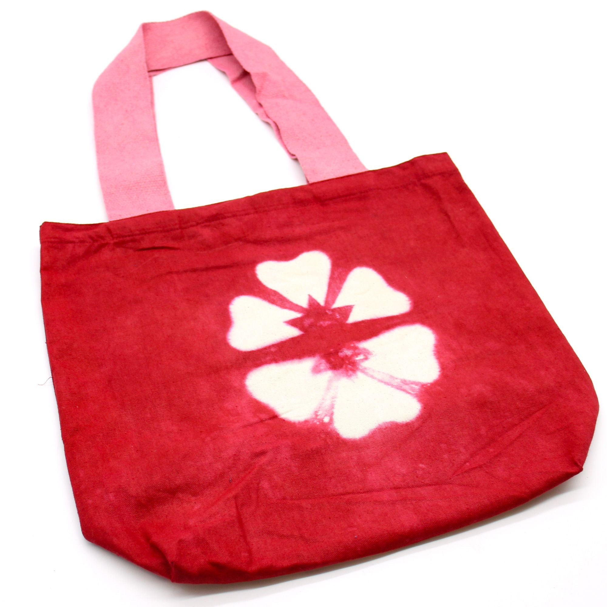 Natural Tye Dye Cotton Bag with Maroon Flower and Pink Handle