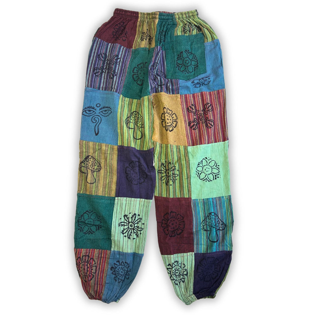 Nomad Sari Mushroom Pants with Block Print Design in Green Tones