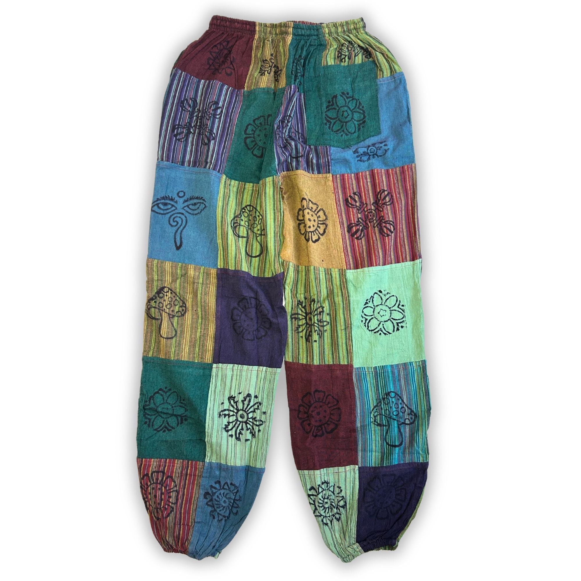 Nomad Sari Mushroom Pants with Block Print Design in Green Tones