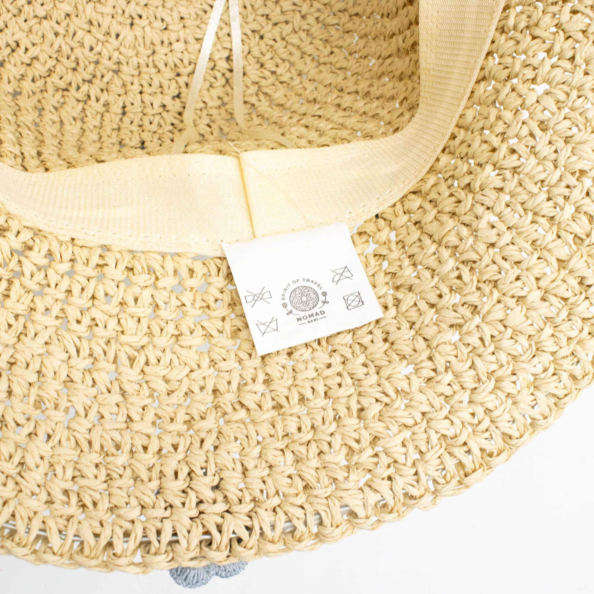 Nomad Sari Floppy Straw Sun Hat Beige with Blue Floral Accents