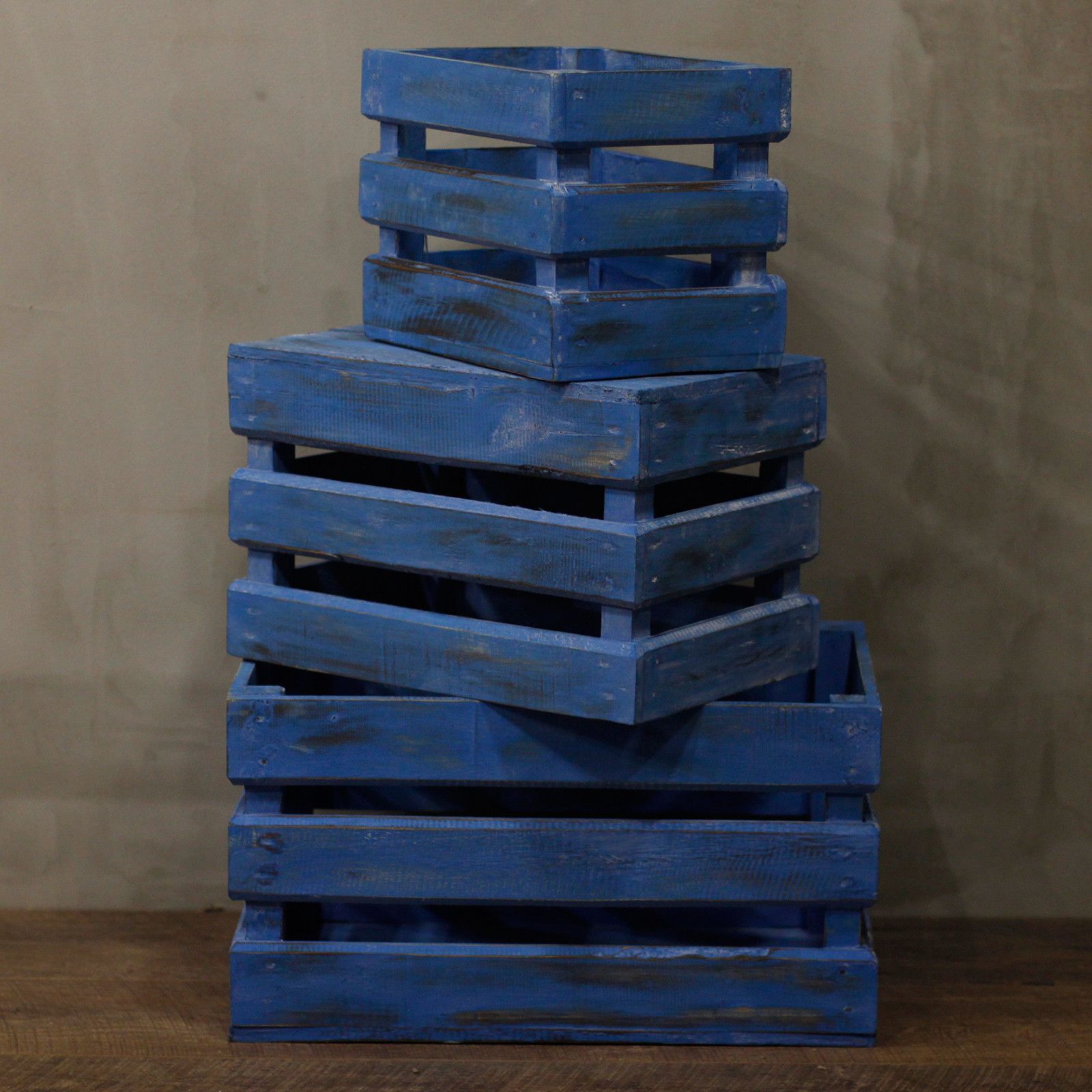 Wooden Storage Crates Bluewash Set of 3 for Home Organisation