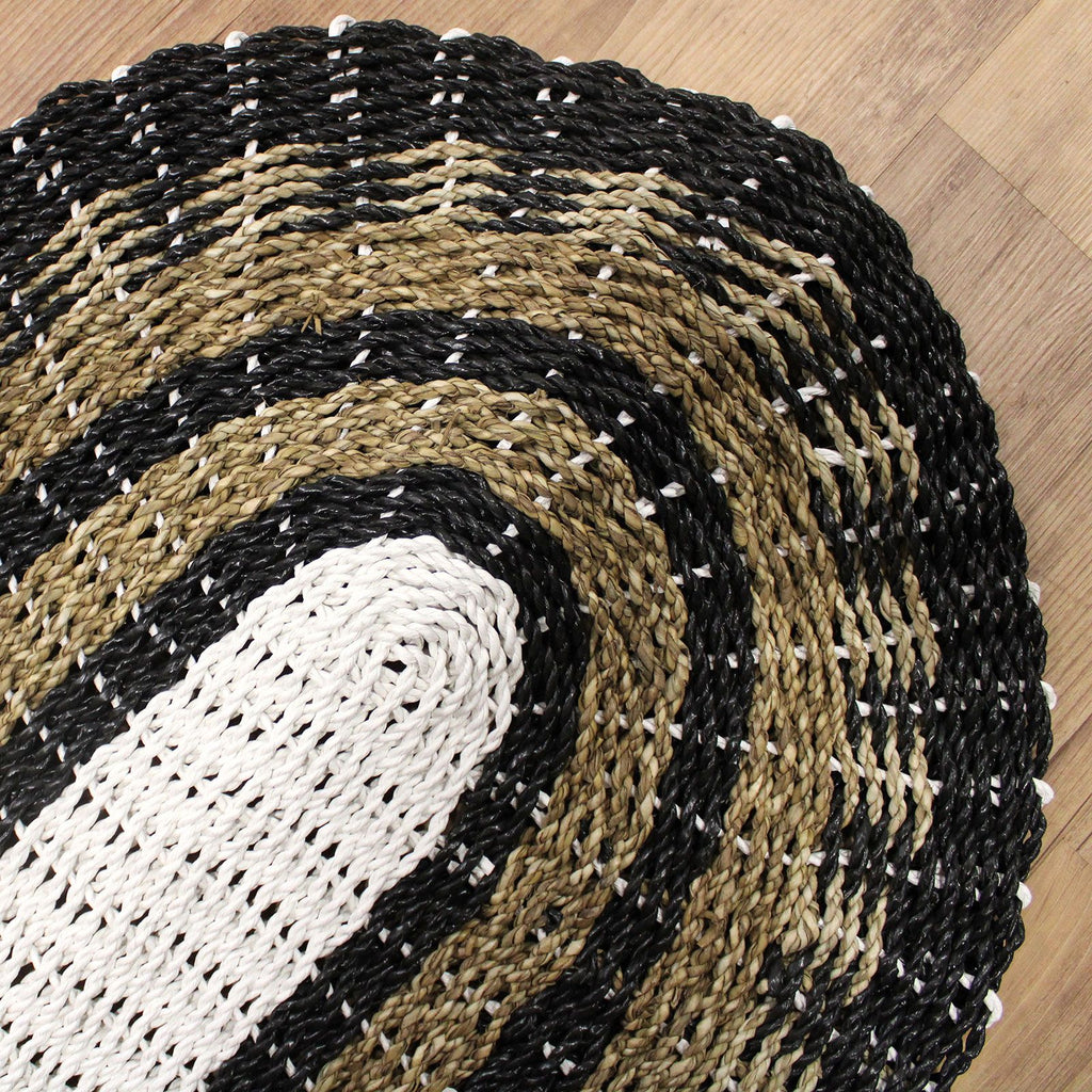 Oval Seagrass Rug in Black White and Tan Classic Design 60x120cm