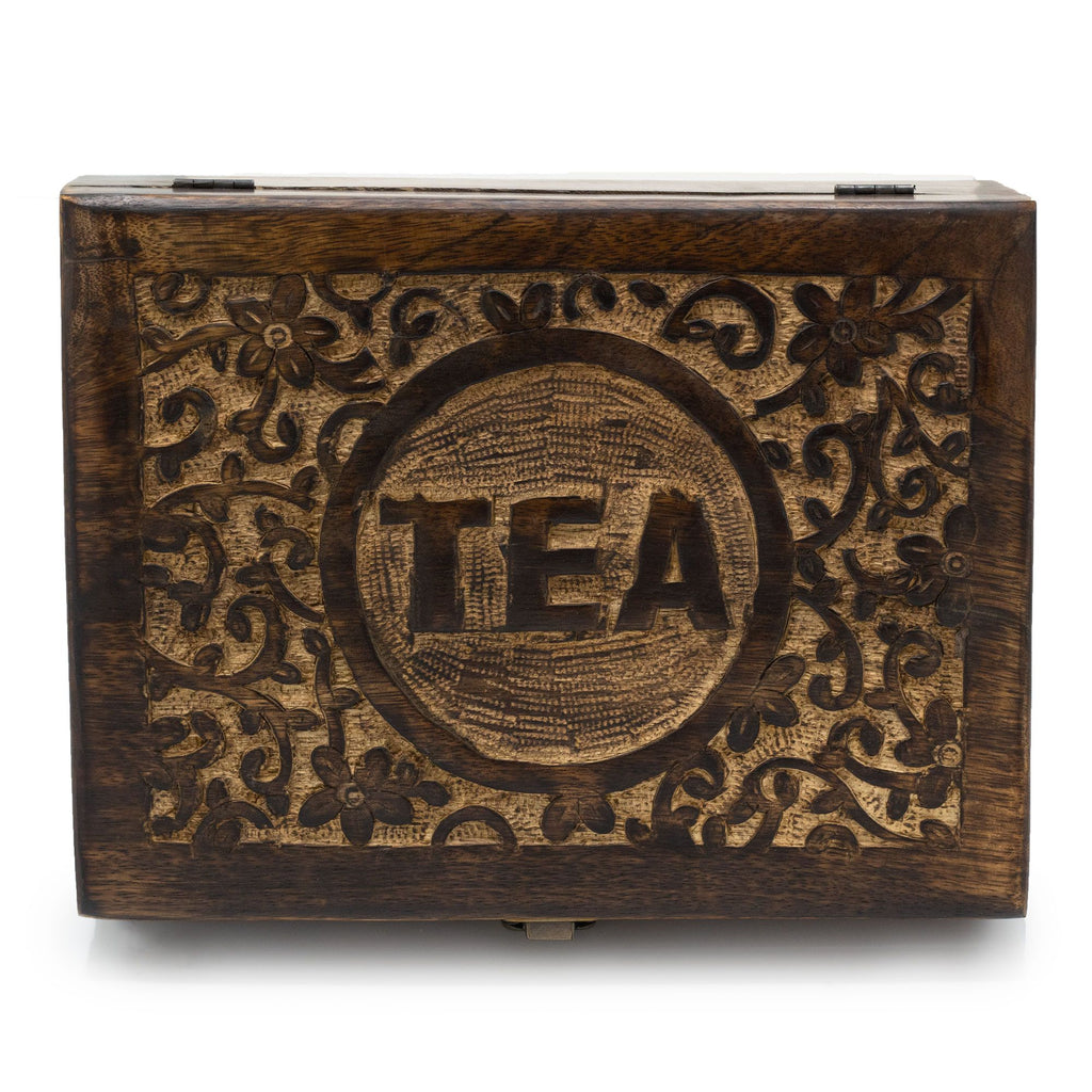 Mango Carved Tea Box with 12 Compartments for Organising Tea