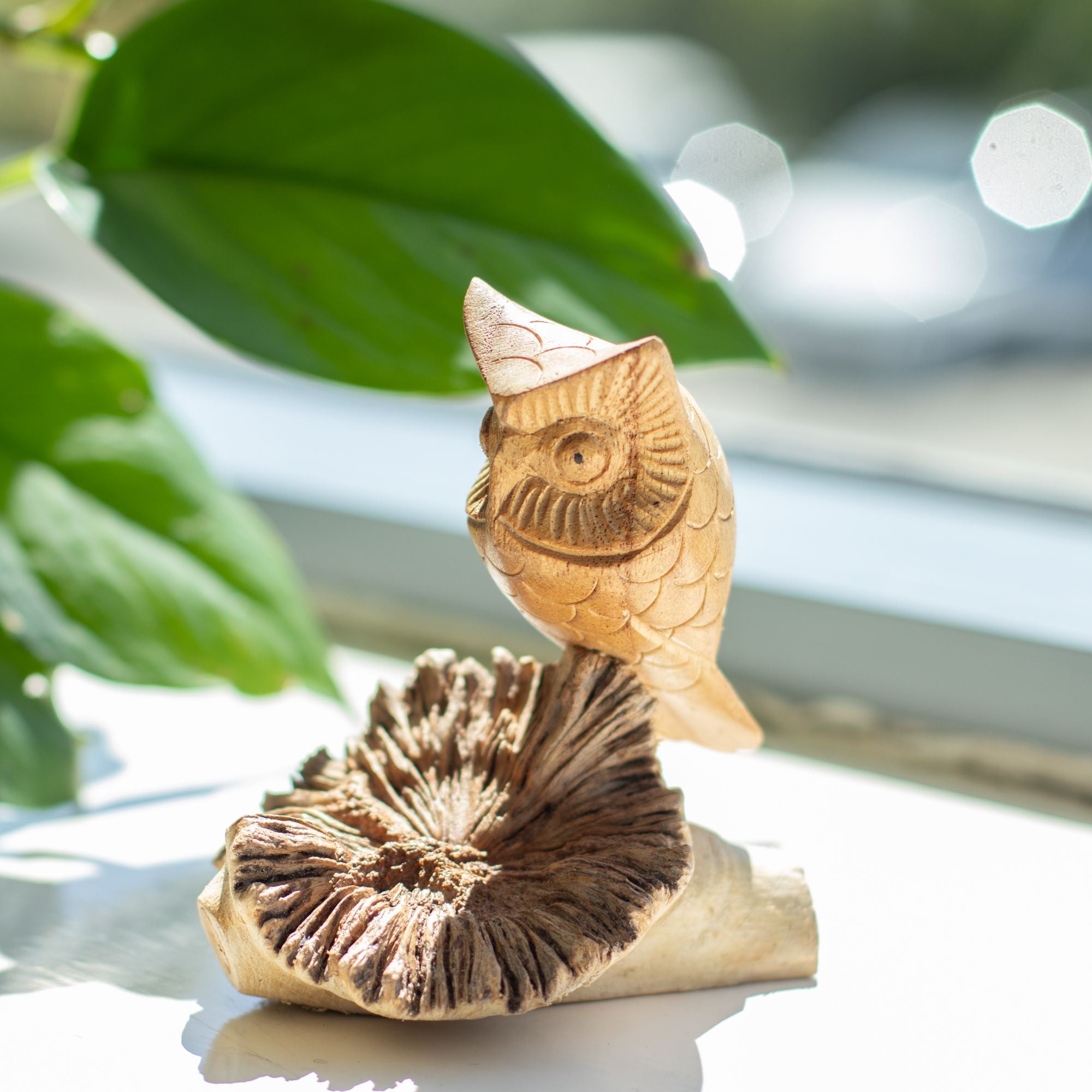 Handmade Parasite Wood Art Carving Unique Owl Watching Decor