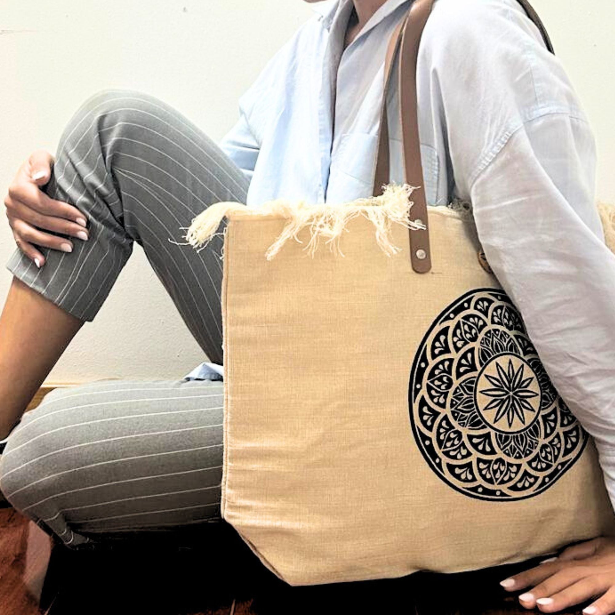 Natural Tote Bag with Leather Handle and Unique Mandala Design