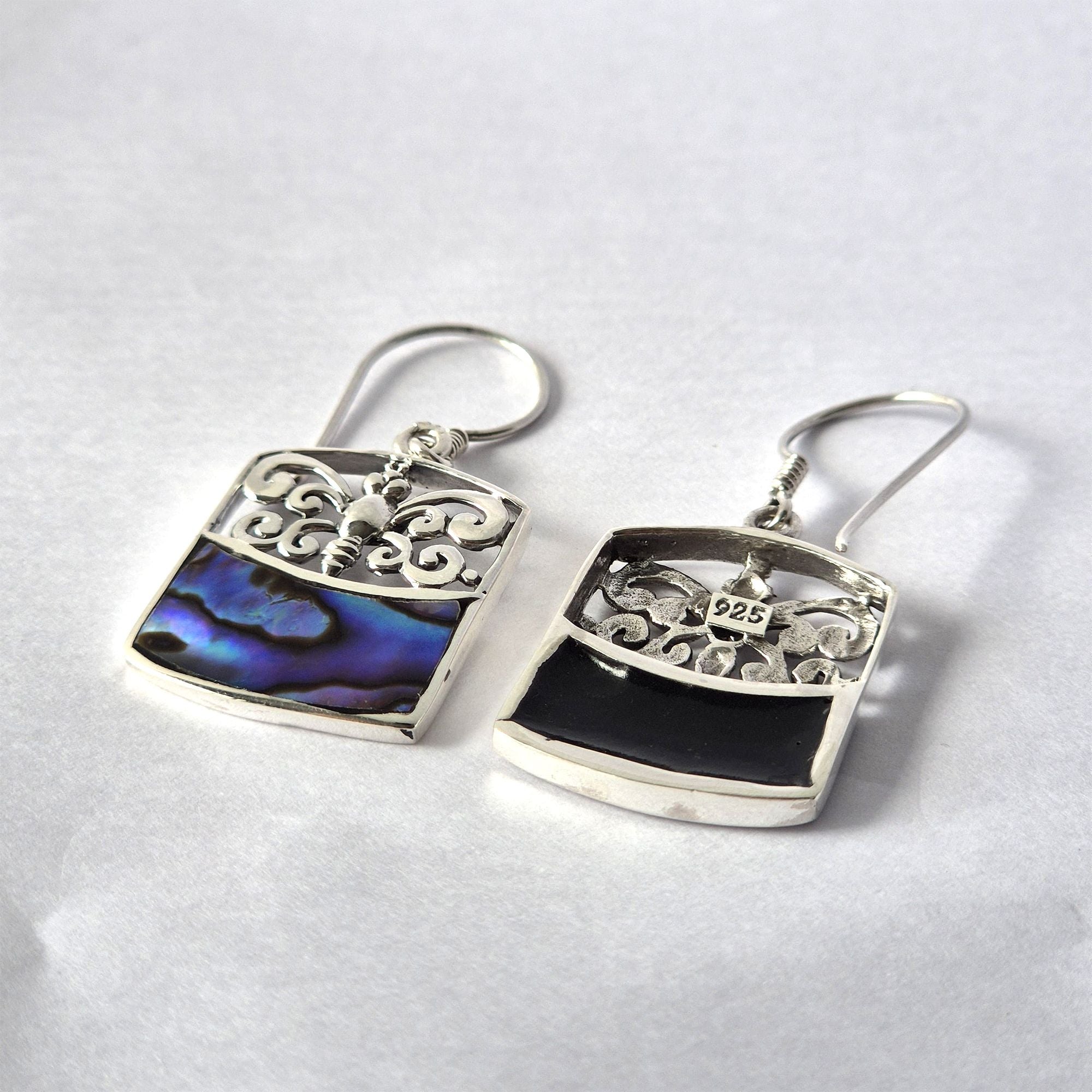 Shell & Silver Earrings with Dragonfly Design and Abalone Detail