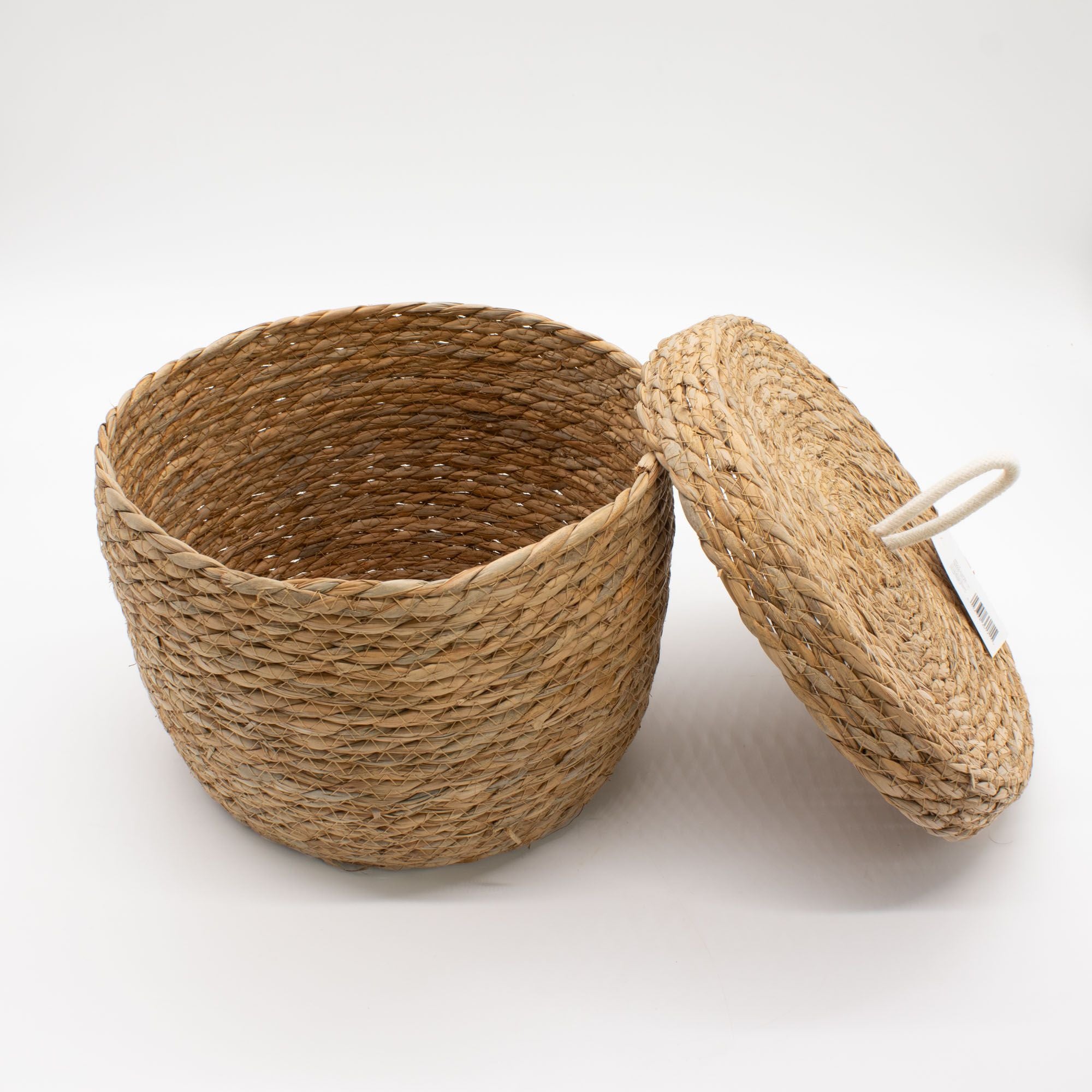 Natural Seagrass and Cotton Round Baskets with Lids Set of 3