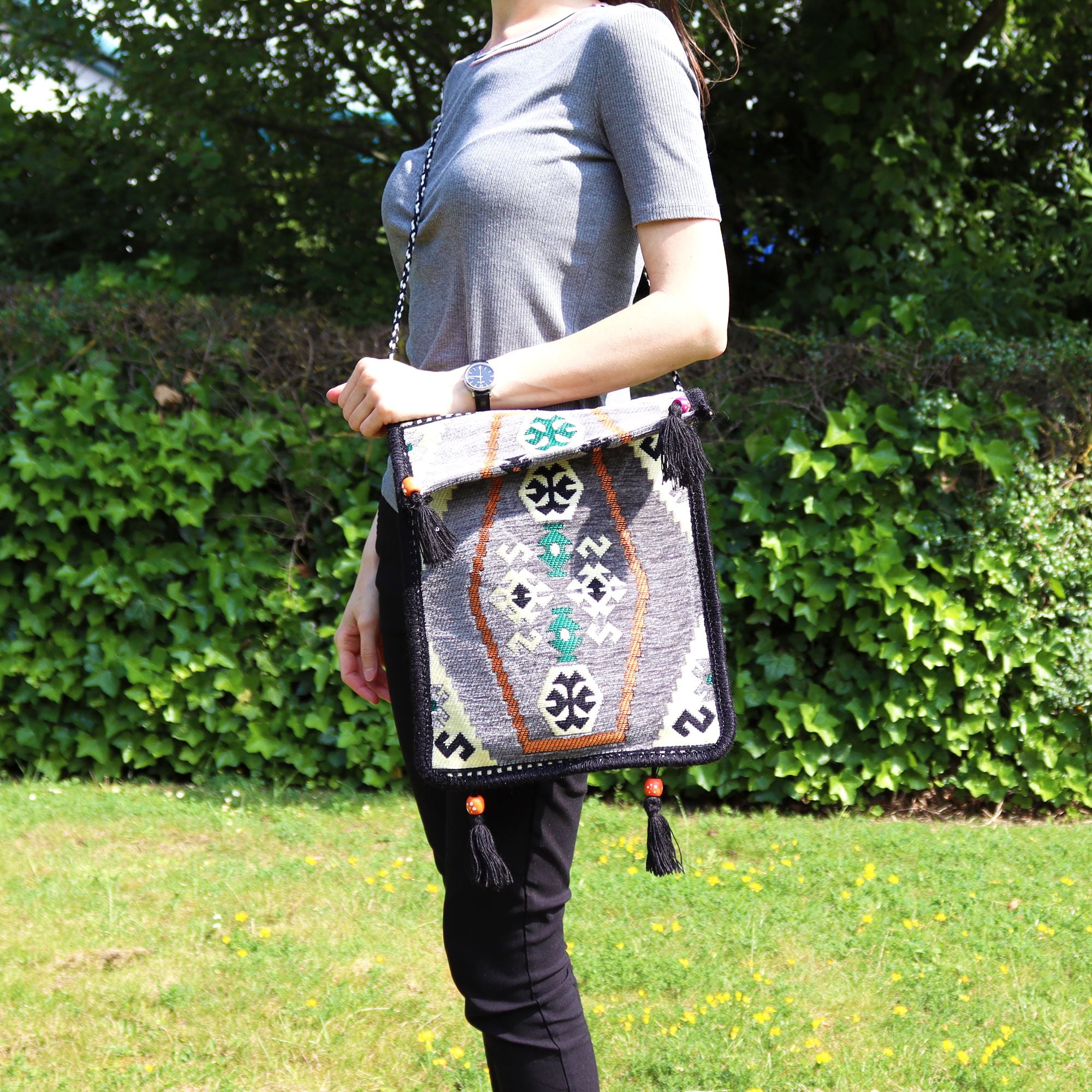 Pale Grey Kilim Messenger Festival Bag for Summer Events and Outings