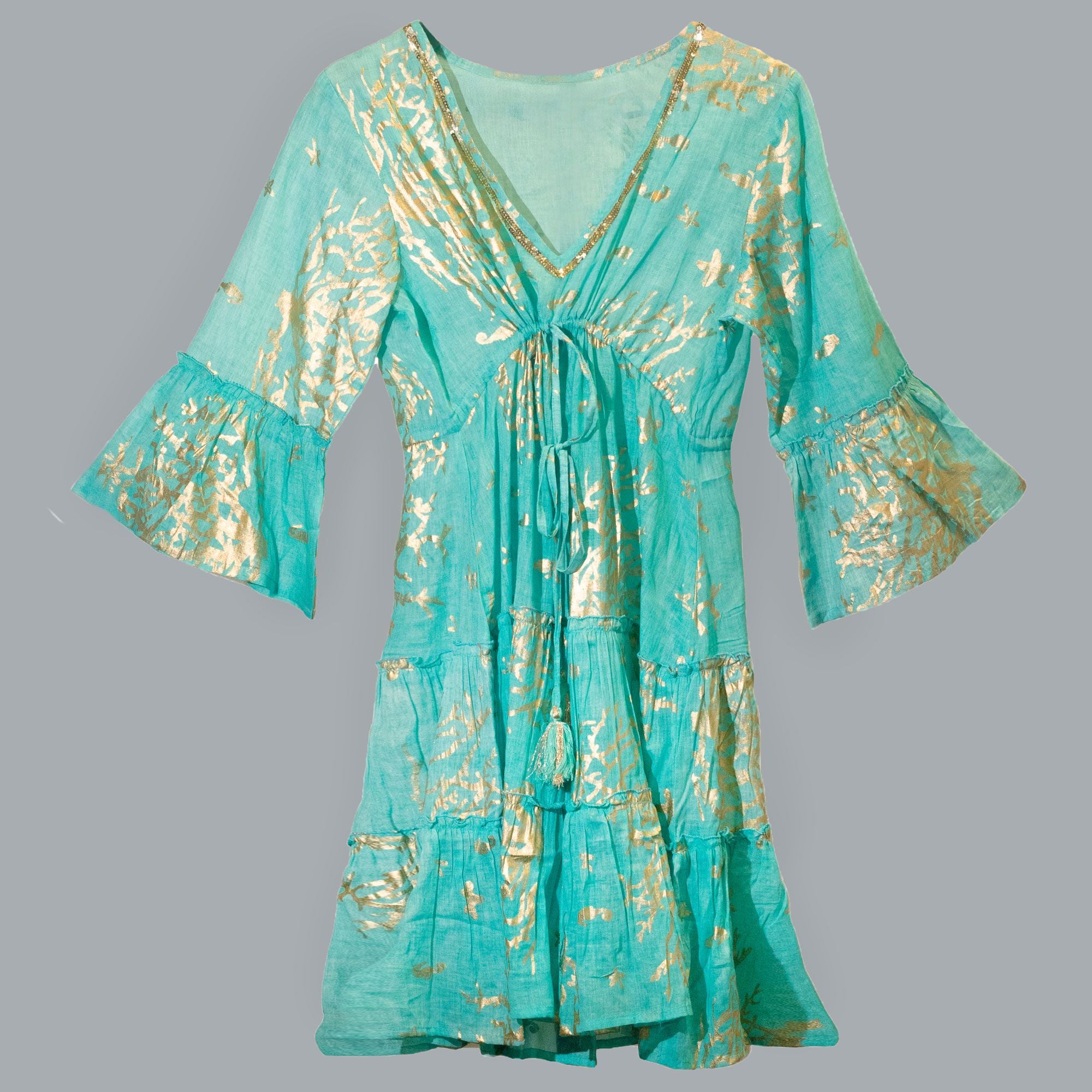 Nomad Sari Turquoise & Gold Coral Print Dress for Summer Style